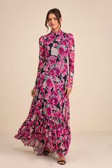 Emilina Black and Magenta Floral Mock Neck Maxi Dress