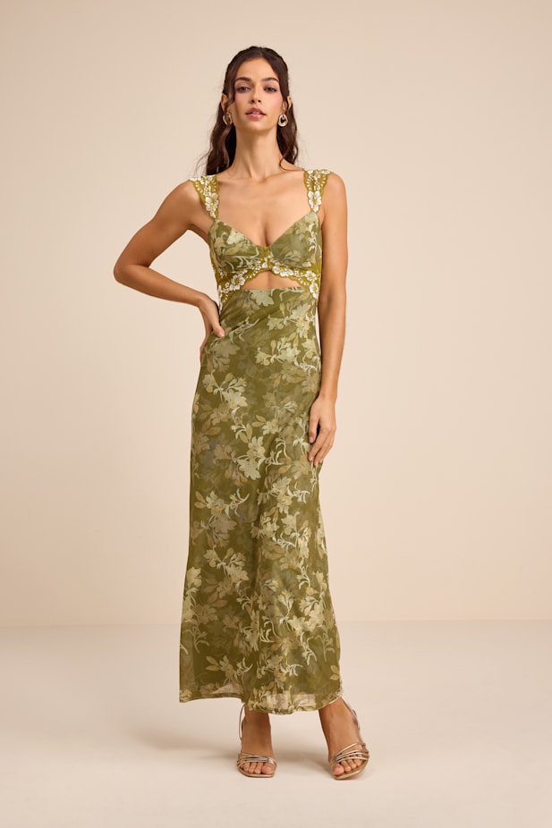 Endlessly Cute Green Floral Mesh Cutout Lace Bustier Maxi Dress