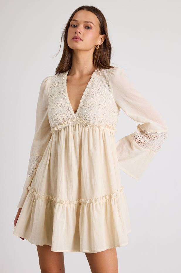 Dovelynn Cream Long Sleeve Baby Doll Mini Dress