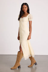 Crissa Cream Lace Textured Puff Sleeve Midi Dress