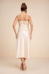 Lange Ivory Satin Applique Slip Midi Dress