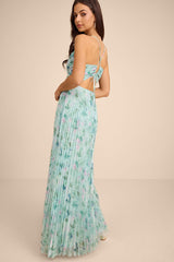 Whitley Mint Green Floral Pleated Sleeveless Maxi Dress