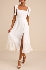 Summer Invite White Tie-Strap Tiered Midi Dress