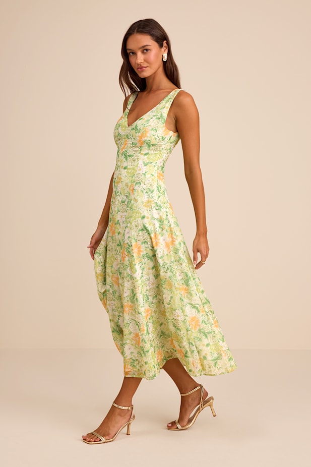 Your Only Darling Green Floral Print Sleeveless Midi Dress