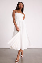 Pomelo White Textured Bustier Skater Midi Dress