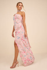 Adeline Light Pink Floral One-Shoulder Scarf Maxi Dress