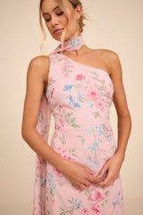 Adeline Light Pink Floral One-Shoulder Scarf Maxi Dress