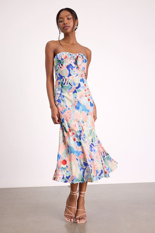 Shauna Blue Multi Floral Tie-Front Midi Dress