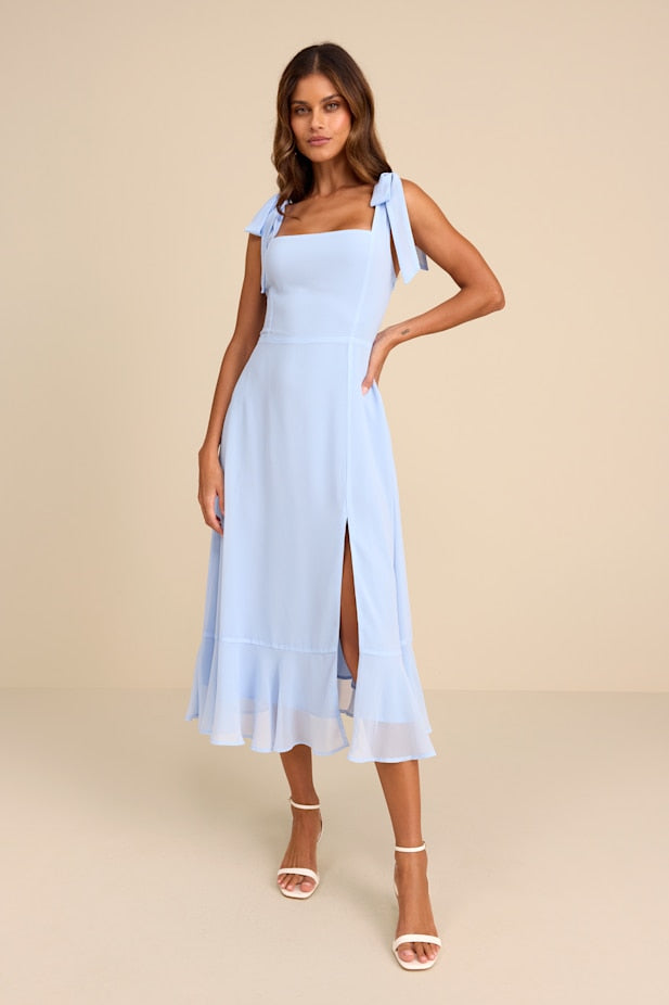 Summer Invite Light Blue Tie-Strap Tiered Midi Dress