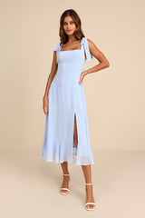 Summer Invite Light Blue Tie-Strap Tiered Midi Dress