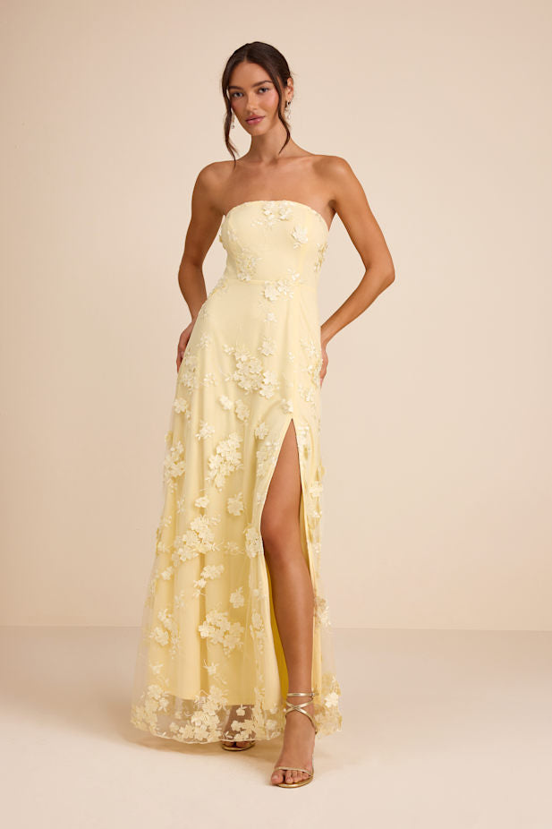 Rare Presence Light Yellow 3D Floral Embroidered Maxi Dress