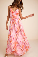Astraea Lilac and Orange Abstract Surplice Ruffled Maxi Dress