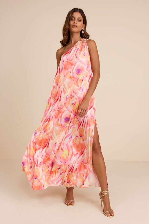 Goddess Aura Orange Multi Floral Satin One-Shoulder Maxi Dress