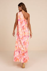 Goddess Aura Orange Multi Floral Satin One-Shoulder Maxi Dress