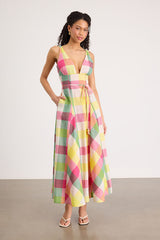 Jonna Yellow Multi Gingham Sleeveless Midi Dress