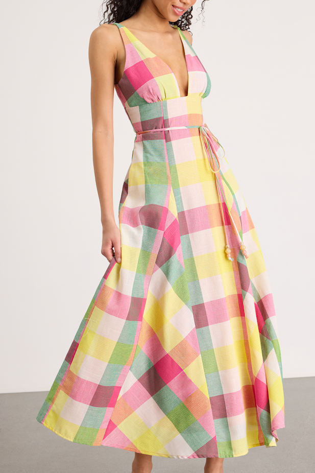 Jonna Yellow Multi Gingham Sleeveless Midi Dress