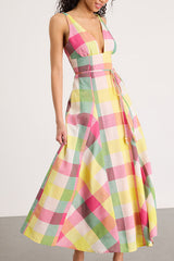 Jonna Yellow Multi Gingham Sleeveless Midi Dress