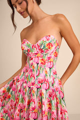 Francena Pink Multi Floral Bustier Midi Dress