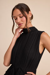 Alvana Black Plisse Mock Neck Ruffled Mini Dress