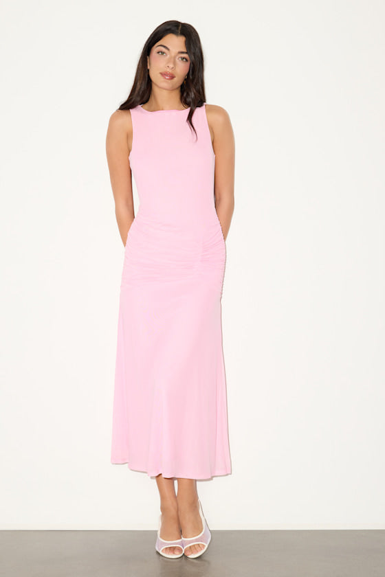 Loren Light Pink Mesh Ruched Midi Dress