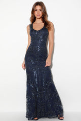 Dramatic Entrance Navy Blue Sequin Maxi Dress