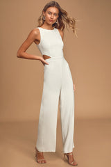Moments to Remember White Sleeveless Wide-Leg Cutout Jumpsuit
