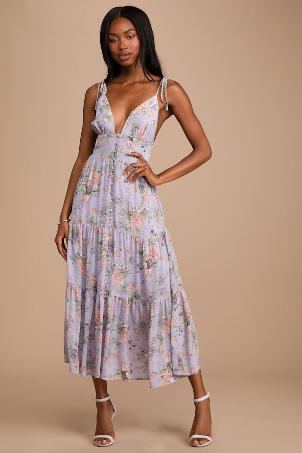 Everlasting Sight Lavender Floral Print Tie-Strap Midi Dress