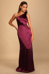 On the Guest List Burgundy Satin One-Shoulder Maxi Dress
