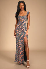 The Way to Love Navy Blue Floral Print Ruffled Maxi Dress