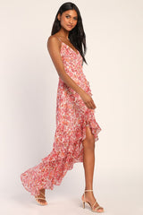 Always Enchanting Pink Floral Metallic Ruffled High-Low Dress