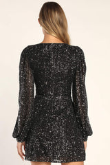 Festive Mood Black Sequin Long Sleeve Mini Dress