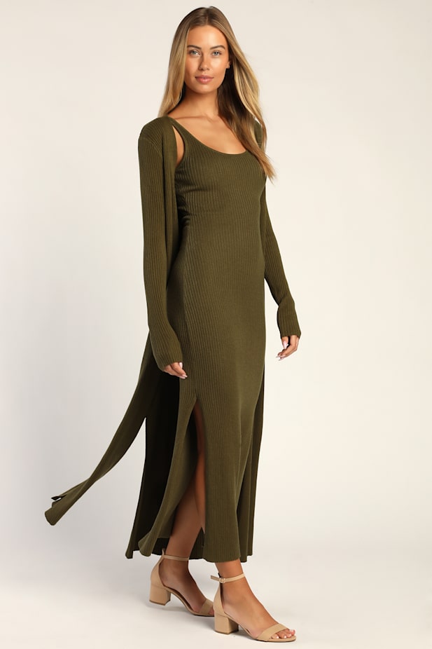 Layer Lover Olive Ribbed Knit Two-Piece Dress & Cardigan Set