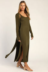 Layer Lover Olive Ribbed Knit Two-Piece Dress & Cardigan Set