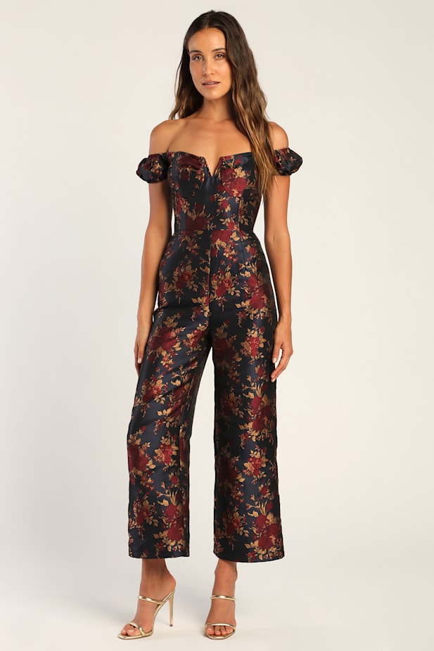 New Glam Midnight Blue Floral Jacquard Off-the-Shoulder Jumpsuit