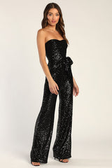 Flirty Moves Black Sequin Strapless Wide-Leg Jumpsuit