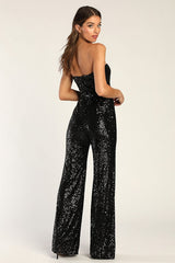 Flirty Moves Black Sequin Strapless Wide-Leg Jumpsuit