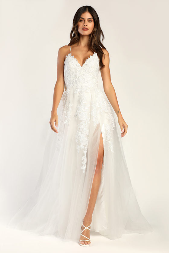 Vow to Cherish White Embroidered Lace-Up Tulle Maxi Dress