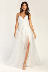 Vow to Cherish White Embroidered Lace-Up Tulle Maxi Dress