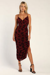 Eloquent Essence Burgundy Burnout Velvet Floral Midi Dress