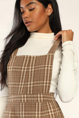 Plaid to Be Yours Beige and Brown Plaid Pinafore Mini Dress