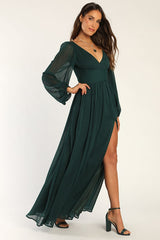 Enchant My Love Emerald Green V-Neck Long Sleeve Maxi Dress